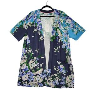 Isaac Mizrahi Live! Open Front Floral Cardigan Blue Navy Short Sleeve‎ 2X NWOT